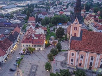 Aerial view of the church in the city of Gleisdorf