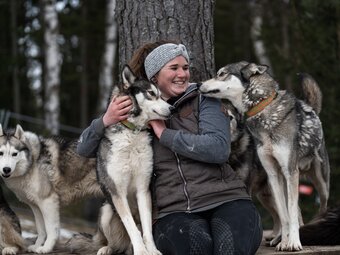Eine Frau, die zwischen im Außenbereich 3 Huskies sitzt und diese lachend streichelt.