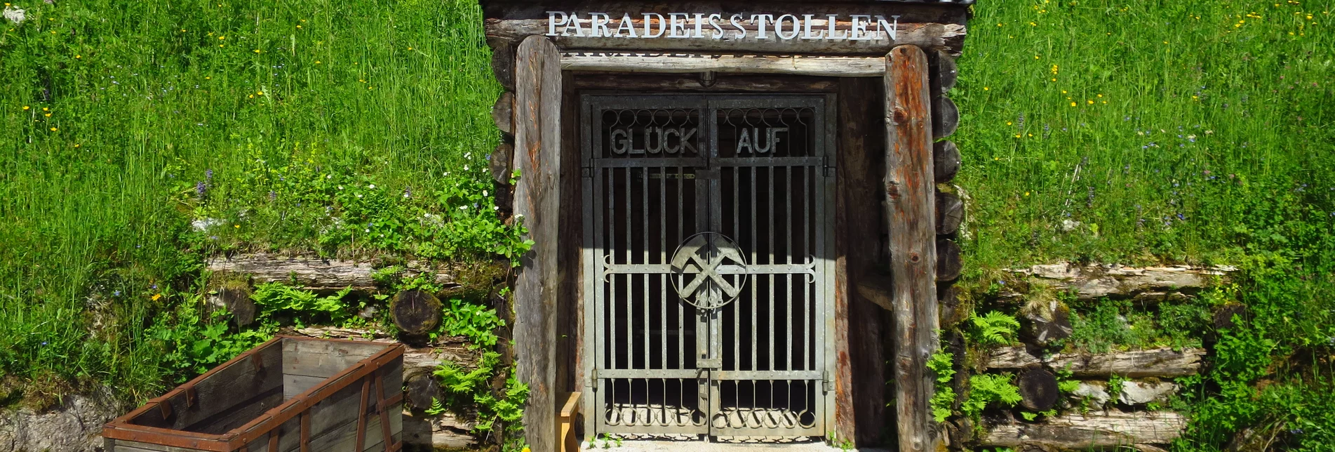 Paradeisstollen in der Radmer von vorne mit grüner Fläche rundherum