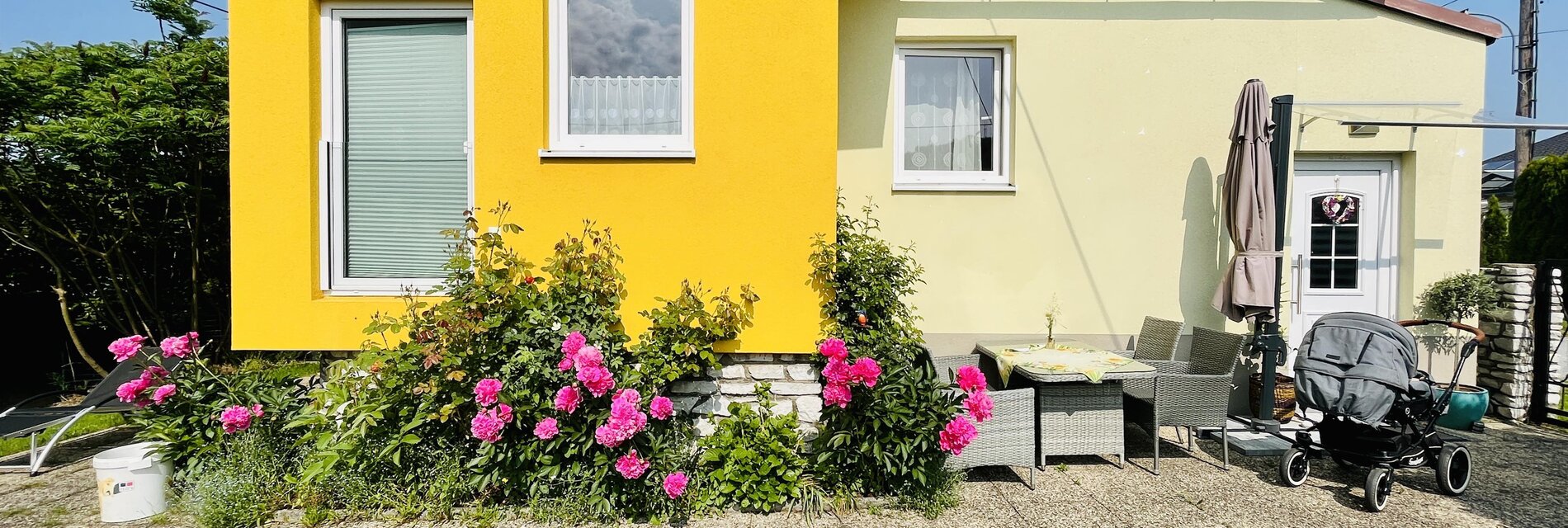 Haus mit Pfingstrosen im Mai