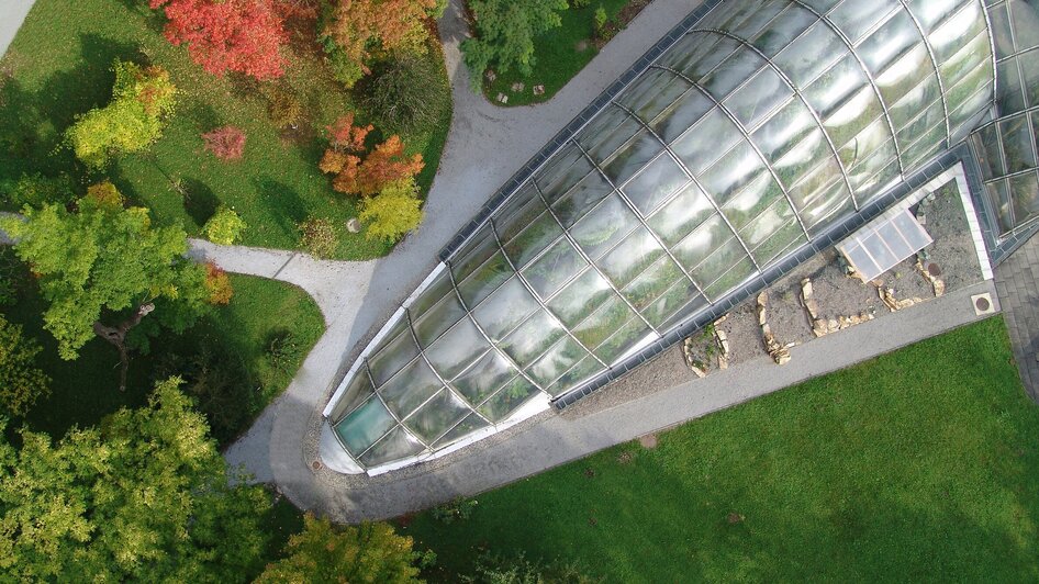 Luftaufnahme des Botanischen Gartens in Graz mit bunten Bäumen. | © Graz Tourismus - ZeppCam