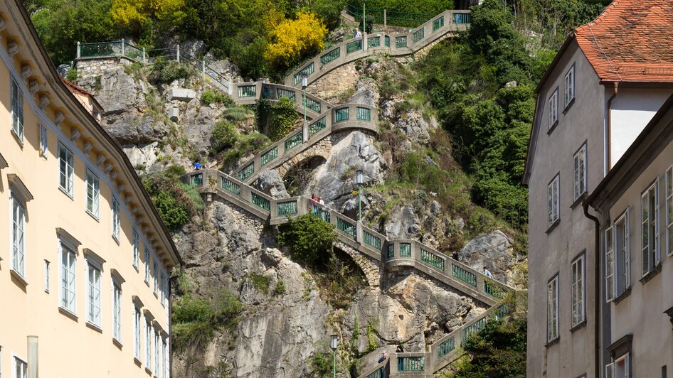 Familien spazieren zum Schlossbergsteig in Graz bei schönem Wetter.