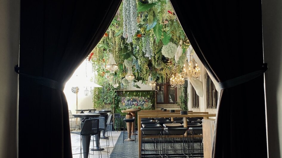 Blick auf eine stilvolle Bar mit Pflanzen und gemütlichen Möbeln. | © Katze Katze