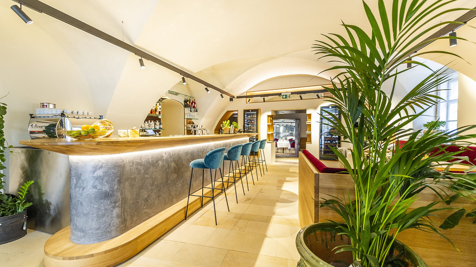 Moderne Bar mit Holztheke und Pflanzen, ideal für Snacks und Drinks.